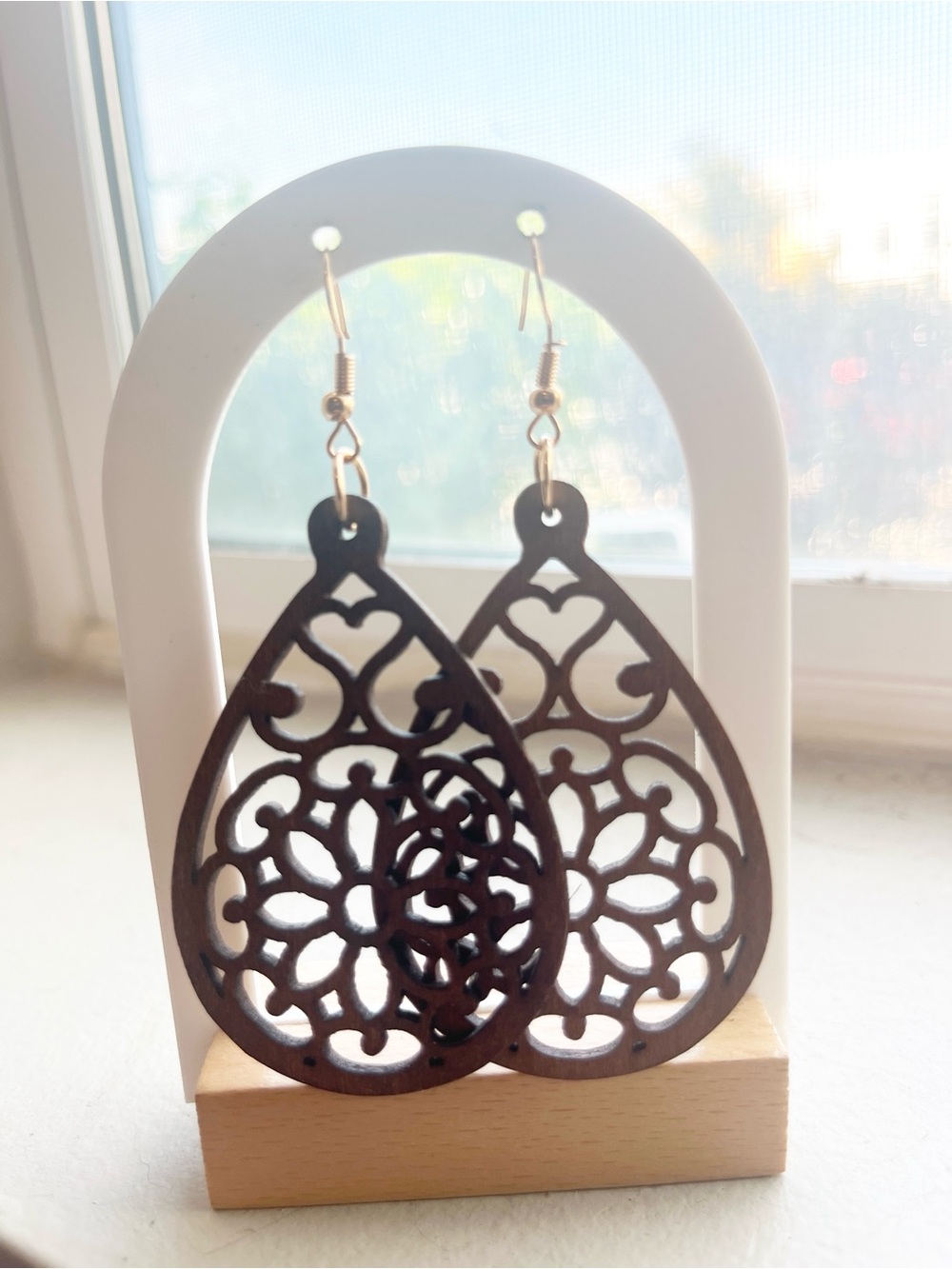 Wooden Filigree Teardrop Earrings - Brown